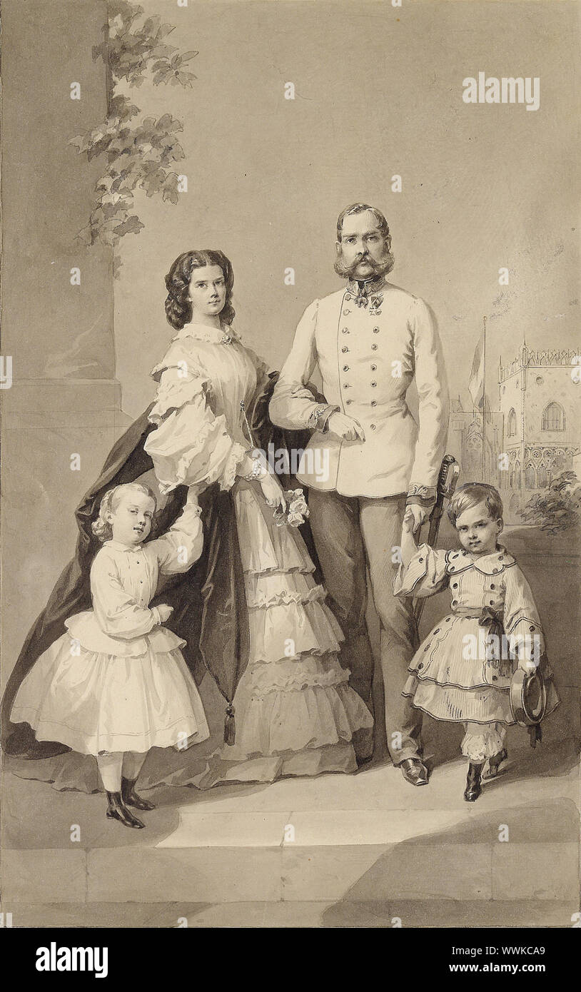 Emperor Franz Joseph I with Empress Elisabeth and their children Crown Prince Rudolf and Archduchess Gisela, ca 1860. Private Collection. Stock Photo