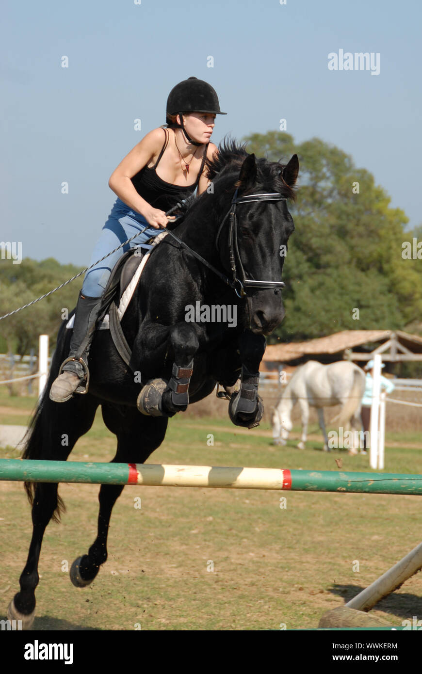 young teenager and her black horse in training of jumping competition Stock Photo