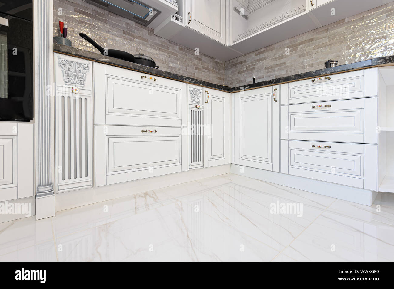 Closeup of luxury white kitchen furniture Stock Photo Alamy