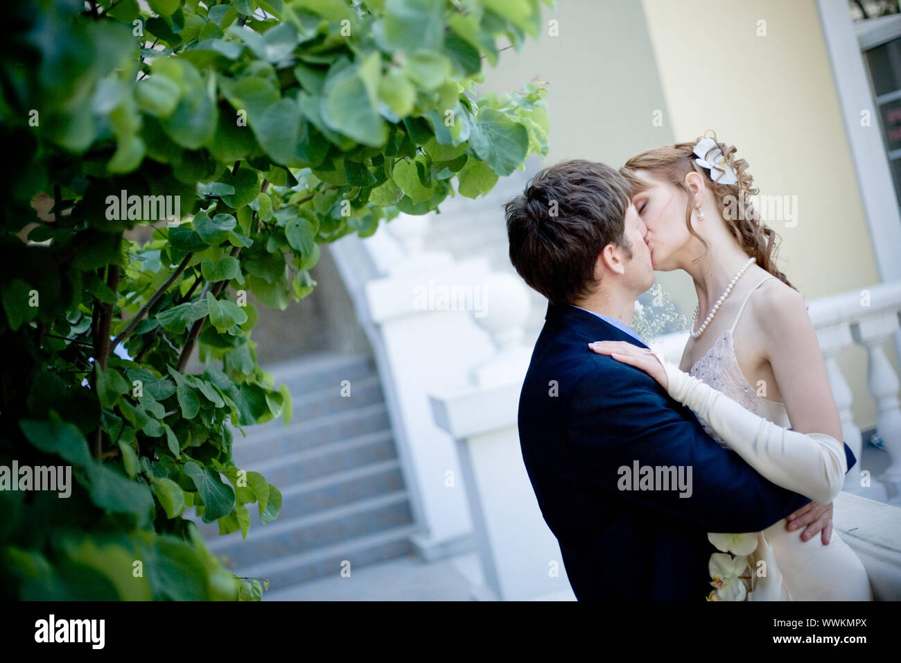 Kissing bride and groom in their wedding day Stock Photo - Alamy