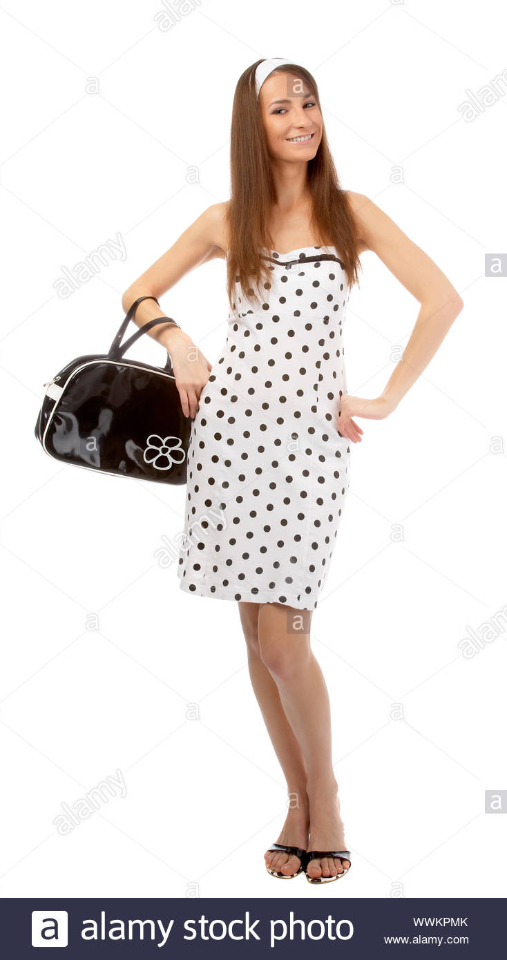 Beautiful Cheerful Model Poses In Polka Dot Dress With Black Bag On White Stock Photo Alamy Beautiful Cheerful Model Poses In Polka Dot Dress With Black Bag On White Stock Photo Alamy