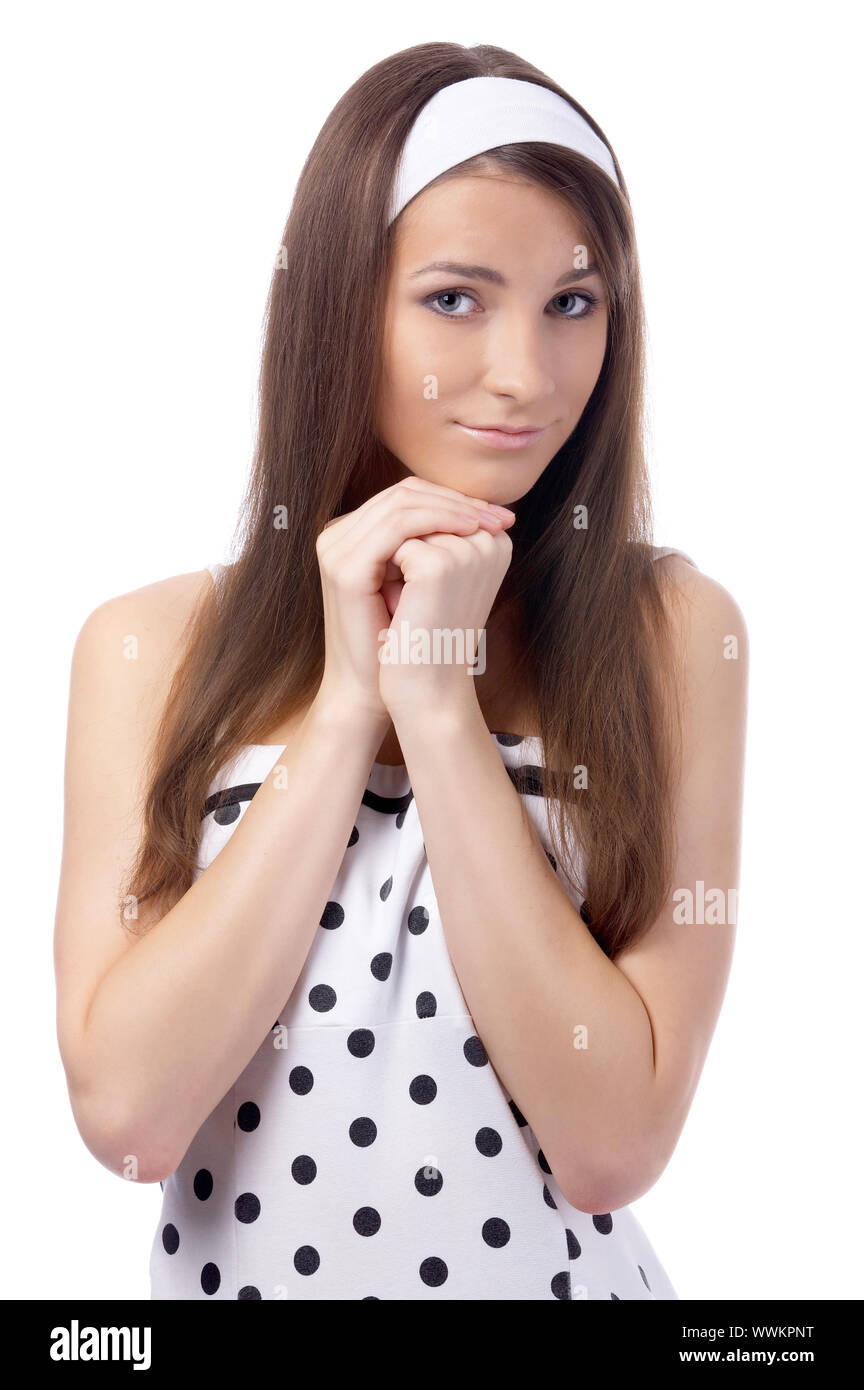 beautiful dreamy model poses in polka-dot dress on white Stock Photo ...