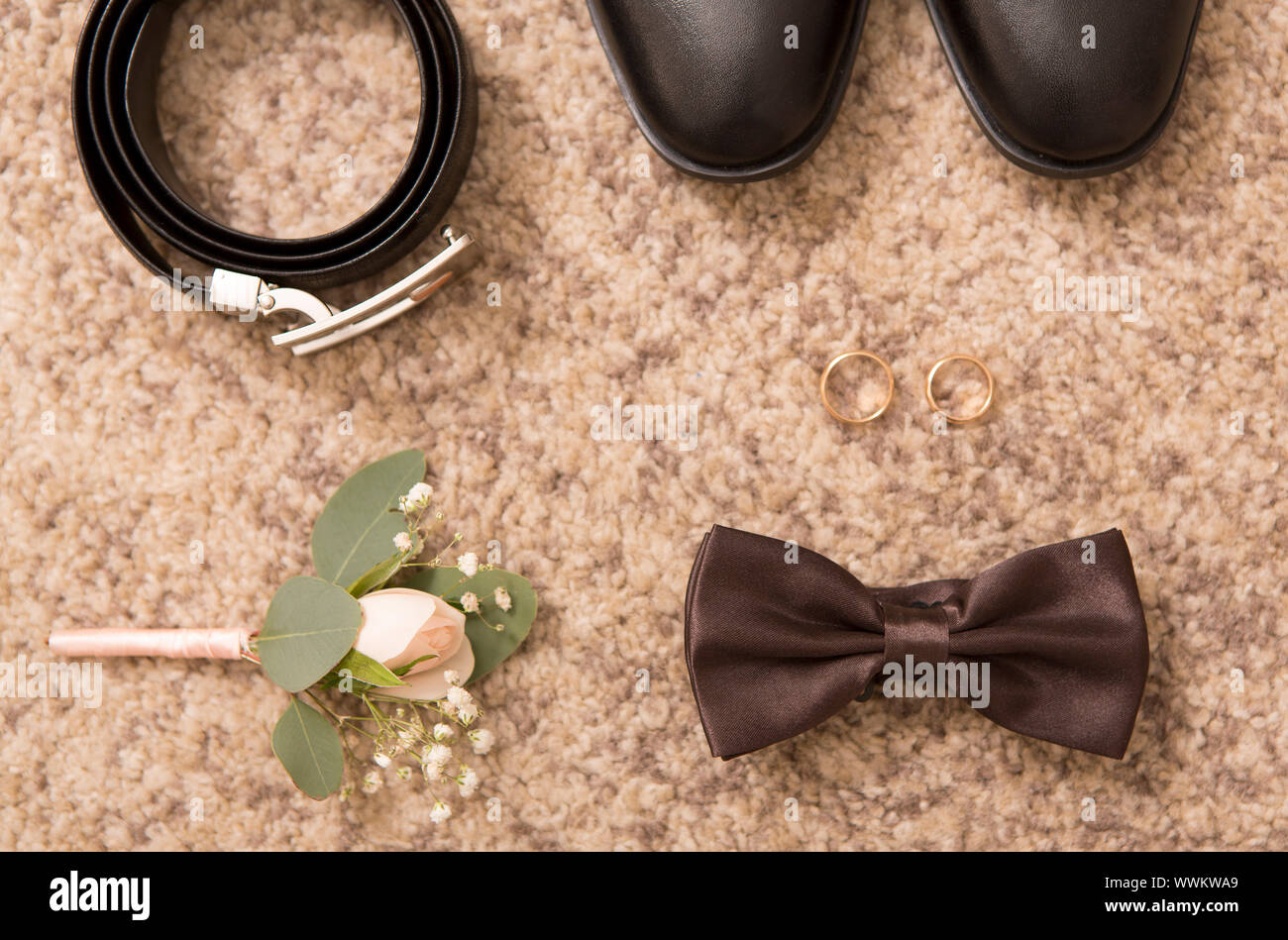 Creative composition of groom accessories for wedding day Stock Photo