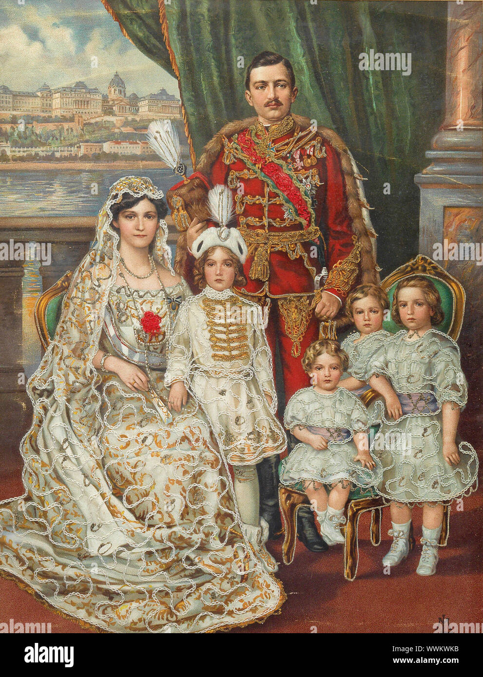 Emperor Charles I of Austria (1887-1922), with his wife Zita, Crown Prince Otto and the three other children, c. 1918. Private Collection. Stock Photo