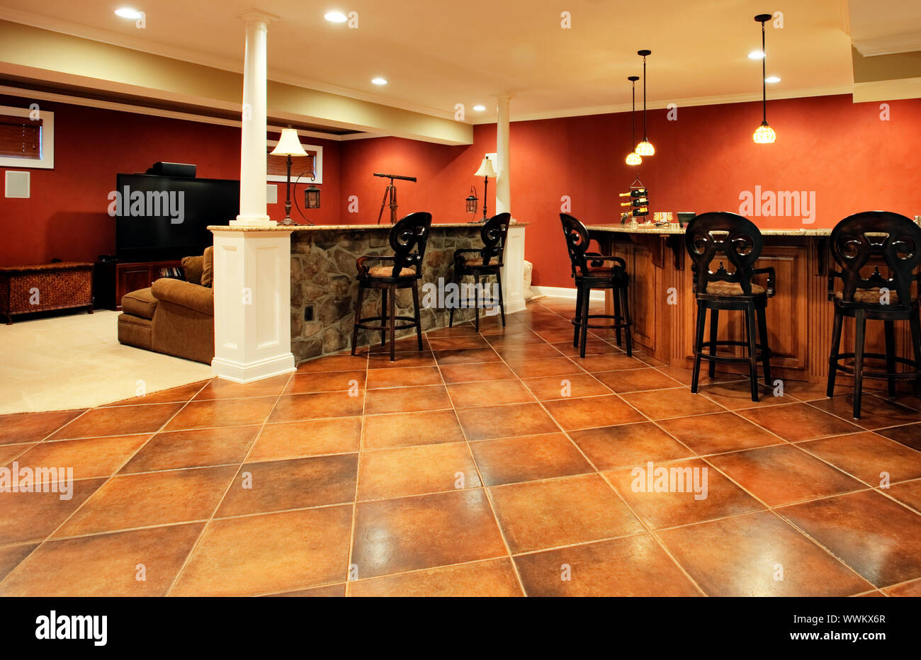 View Of Family Room With Bar Home Theater Area And Parquet