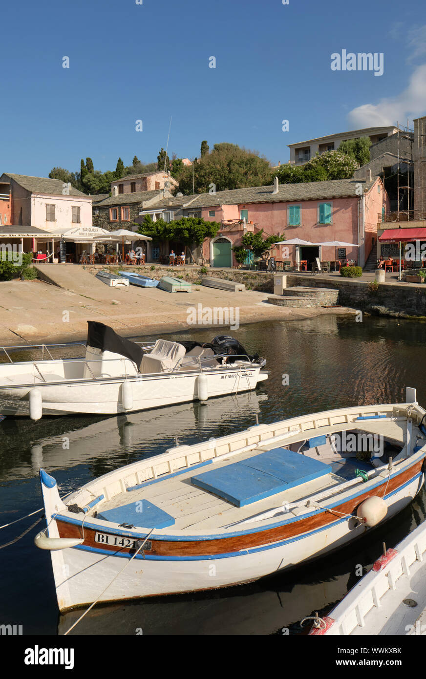 The cafes and restaurants of Port de Centuri  / Centuri fishing village and harbour in Haute-Corse of Cap Corse northern Corsica Stock Photo