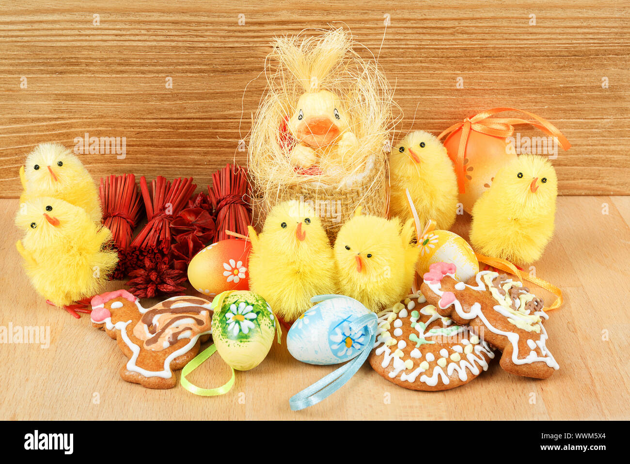 easter decoration, gingerbread, chicken and painted eggs Stock Photo