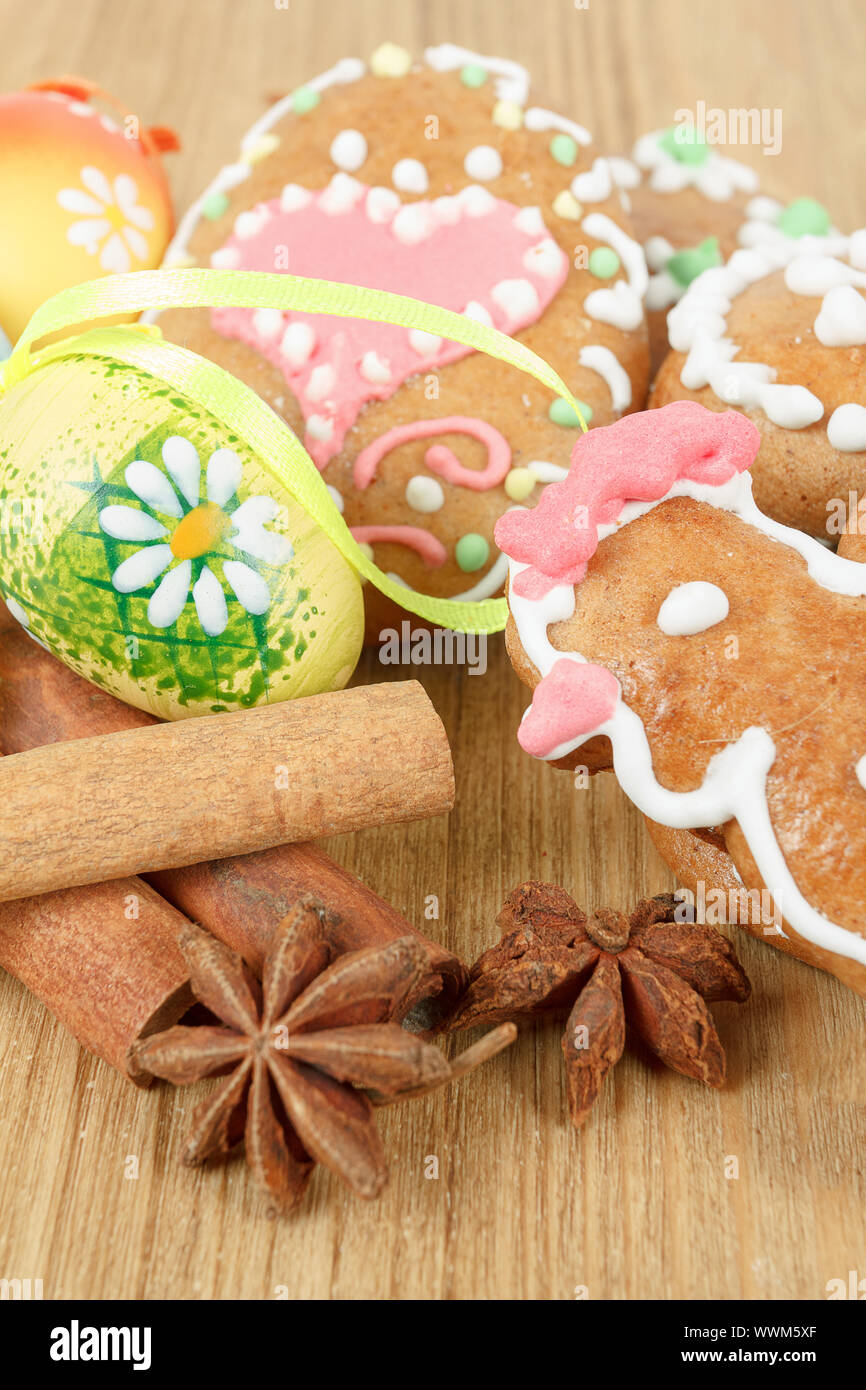 Easter gingerbreads and painted egg Stock Photo