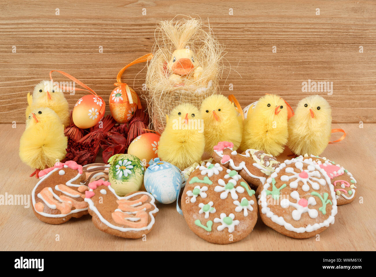 easter decoration, ginger bread, chicken and painted eggs Stock Photo