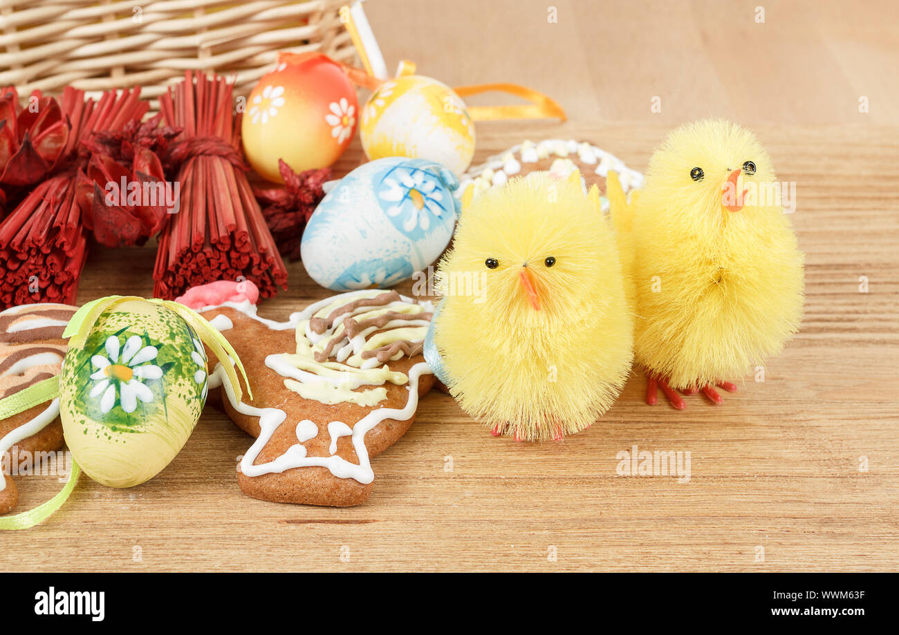 easter decoration, ginger bread, chicken and painted eggs Stock Photo