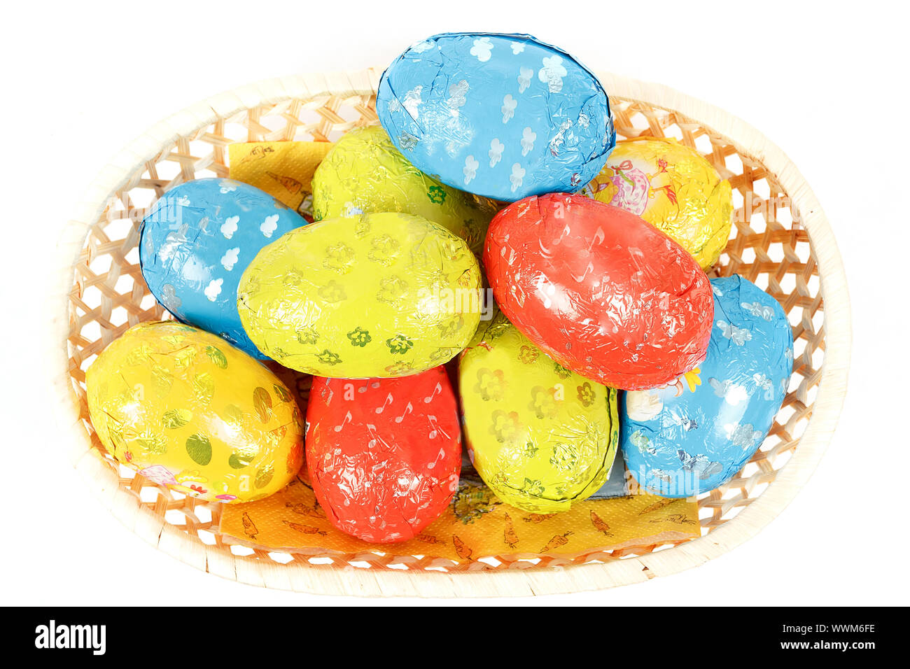 easter chocolate eggs in a basket Stock Photo