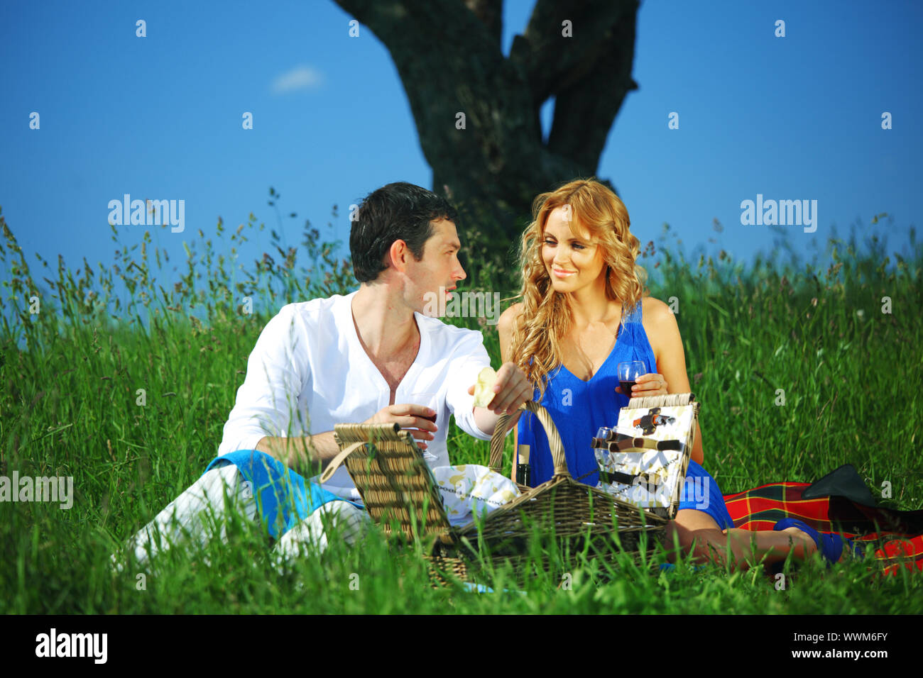 man and woman on picnic in green grass Stock Photo - Alamy
