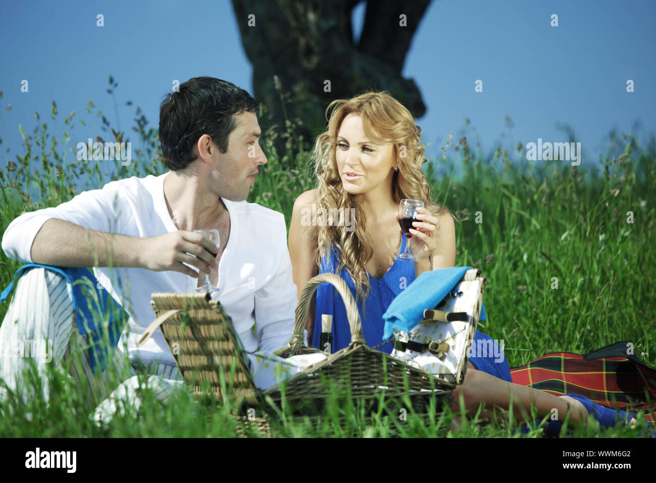 man and woman on picnic in green grass Stock Photo - Alamy