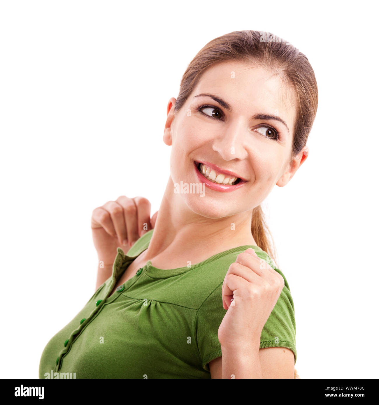 Portrait of a beautiful young woman smiling, isolated over white ...