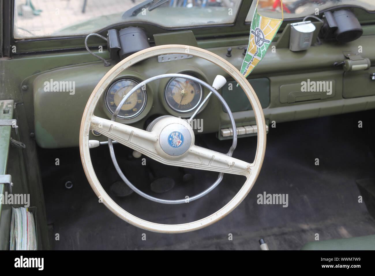Steering wheel in the Wartburg 311 (car of the Eisenach car factory) Stock Photo