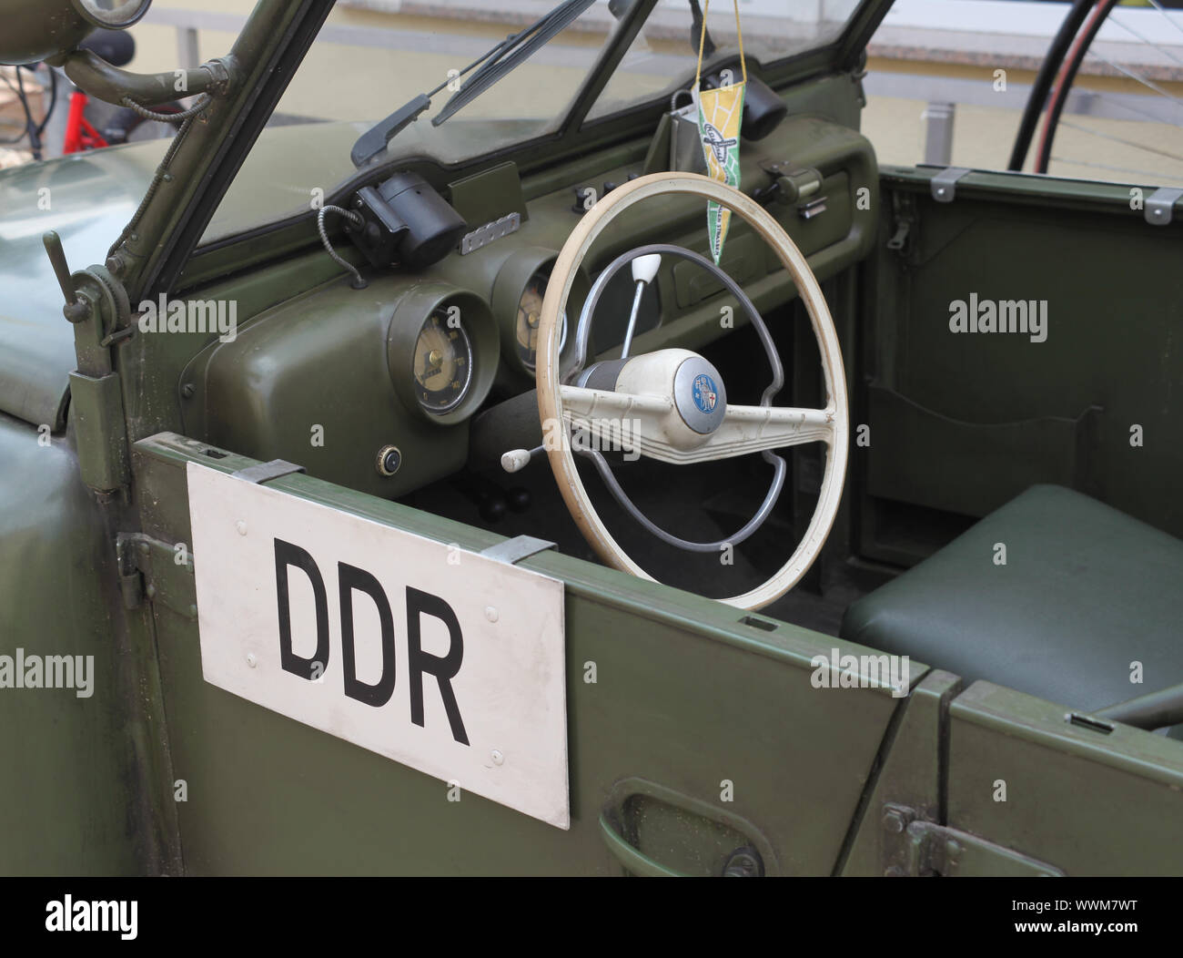 Steering wheel in the Wartburg 311 (car of the Eisenach car factory) Stock Photo