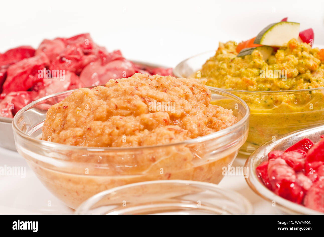 Barf: raw meat with vegetable and fruit portions, ready-prepared Stock Photo