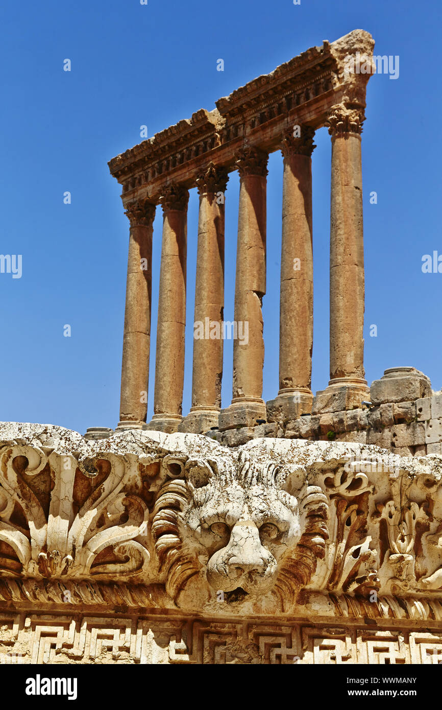 Jupiter columns and baalbek lion (Temple of Jupiter) - Baalbek, Lebanon Stock Photo