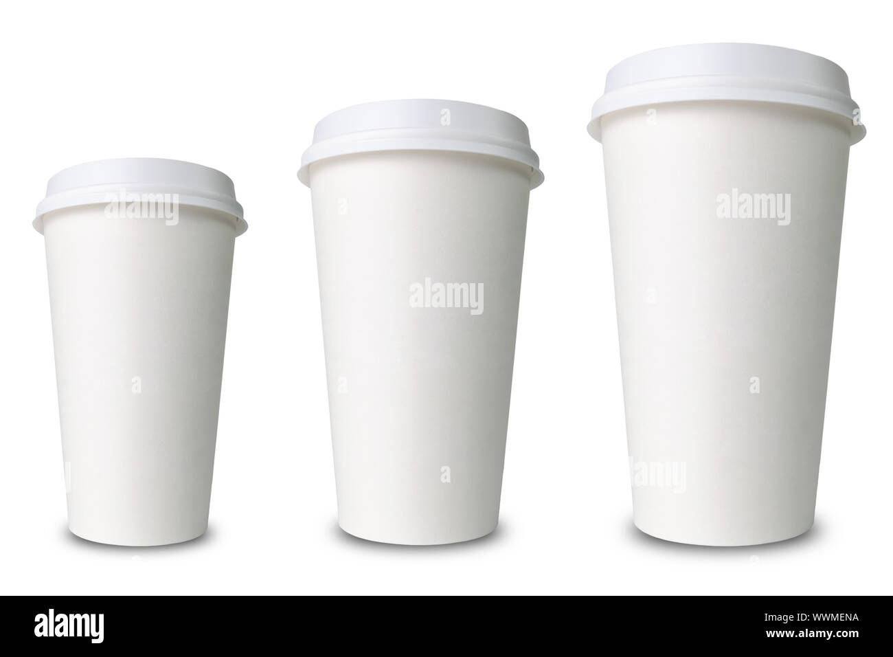 three differently sized paper cups against a white background Stock Photo