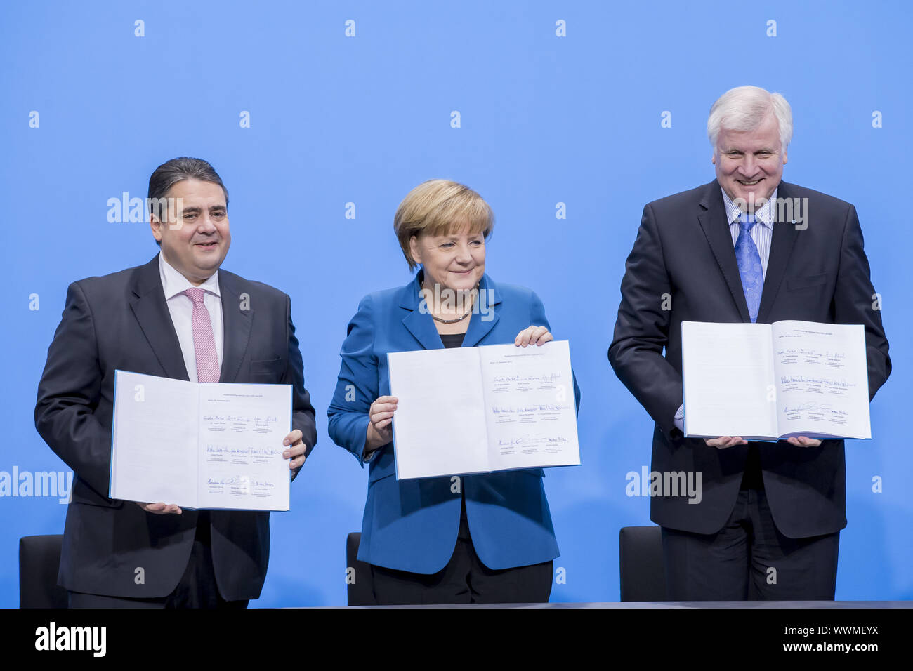 CDU, CSU and SPD signing the coalition agreement in Berlin. Stock Photo