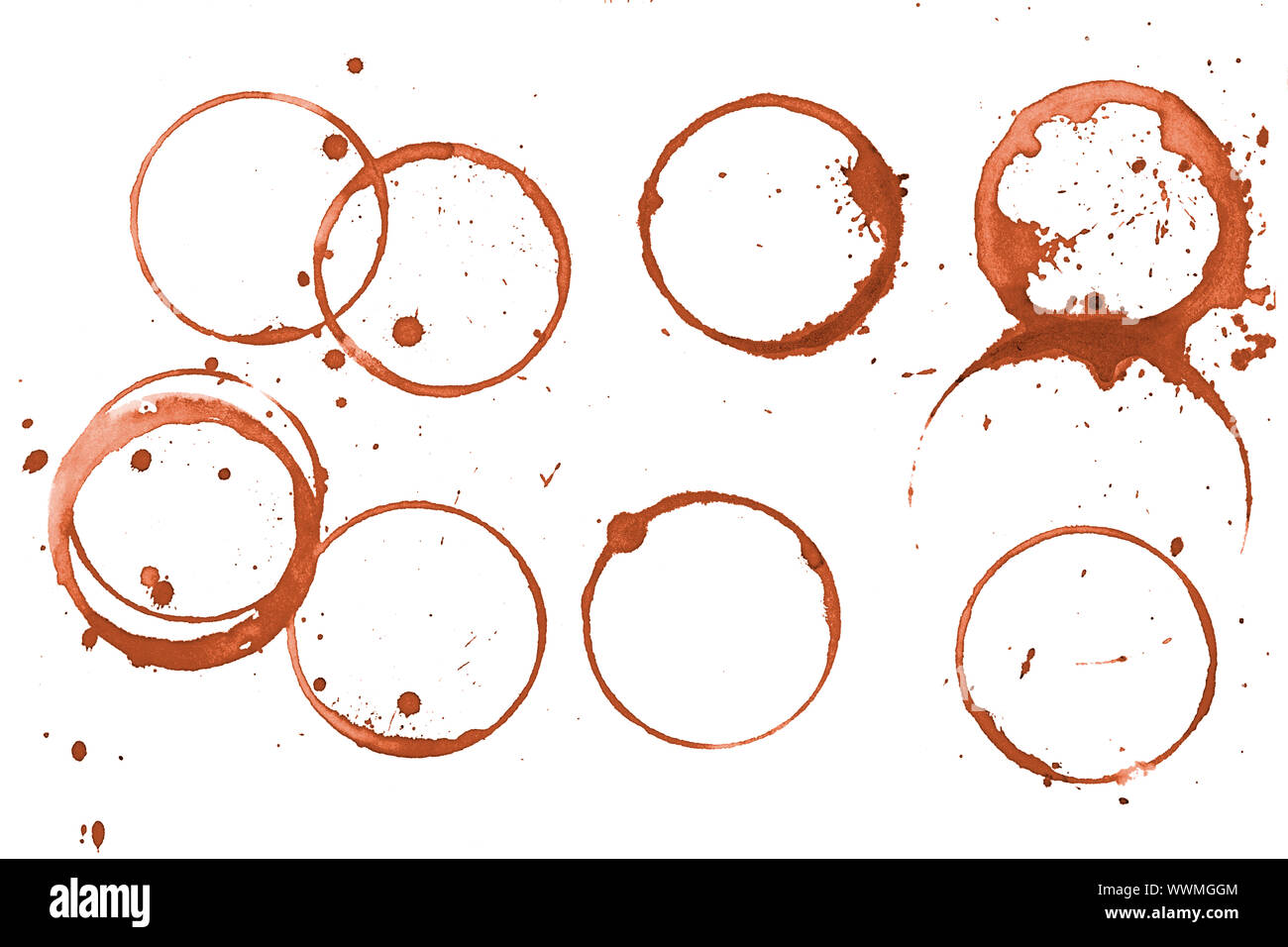 Coffee stains and splashes on a white background. Stock Photo