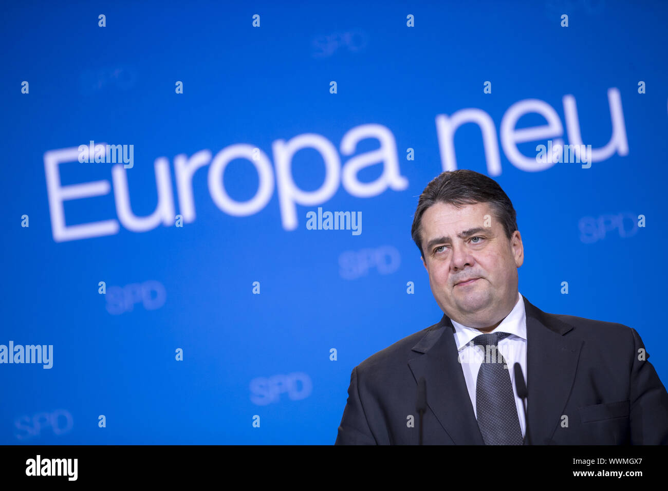 Gabriel (SPD Chef) and Schulz ( President of the European Parliament) at Press statement in Berlin. Stock Photo