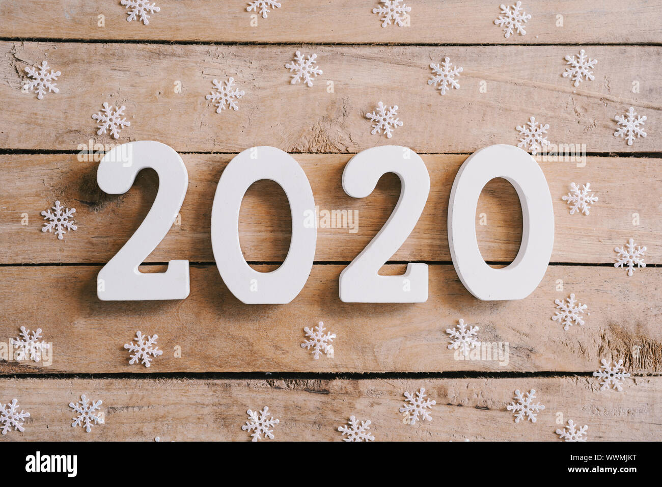 2020 New year concept on wood table and christmas decoration background. Stock Photo