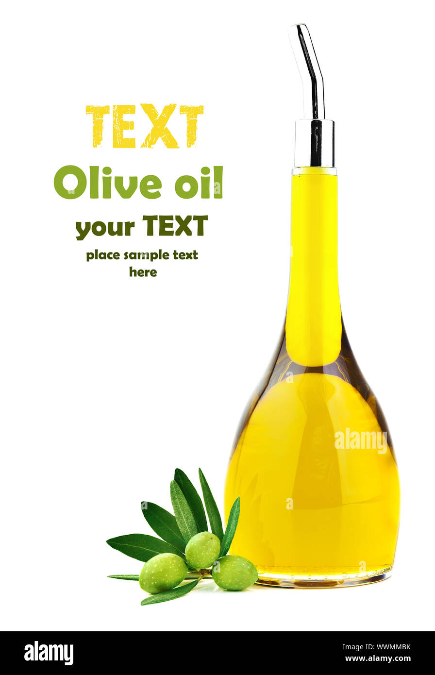 Homemade healthy olive oil, fresh green olives and bottle of oil isolated on white background, harvest and organic food concept Stock Photo