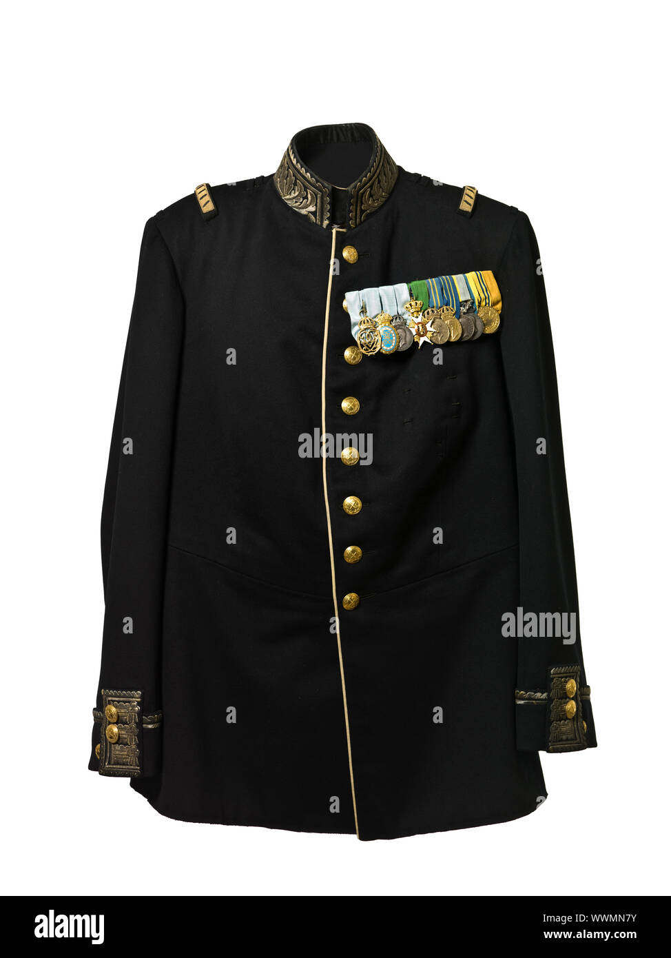 Vintage army jacket with medals isolated on white background Stock