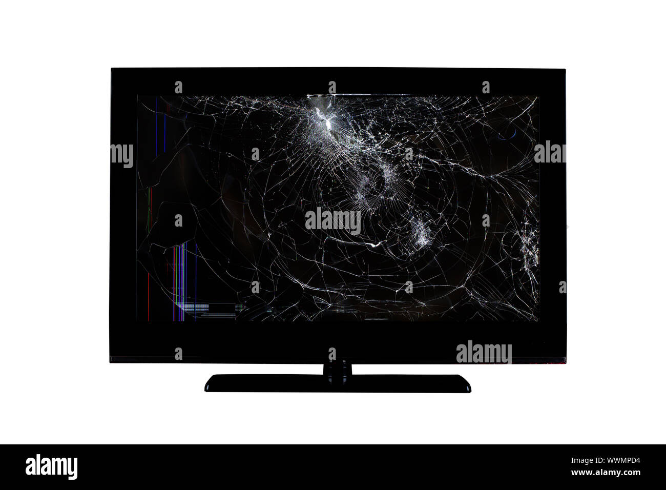 colored stripes and cracks on a broken screen of a liquid crystal display, computer monitor or full hd television isolated on a white background Stock Photo