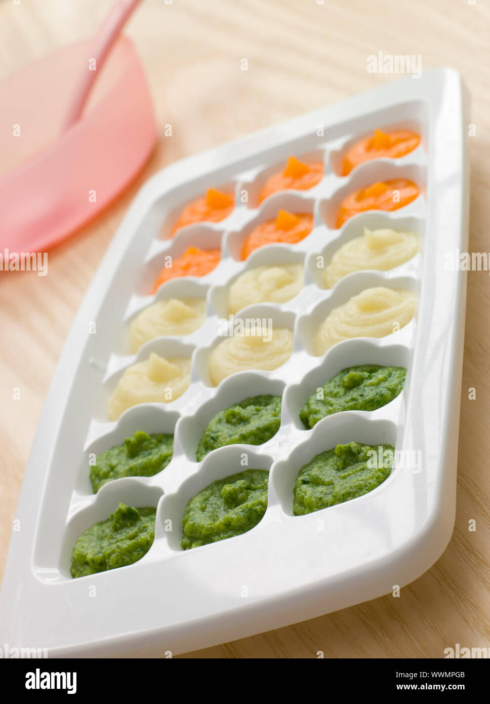 Pureed Baby Food in a Ice Cube Tray Stock Photo