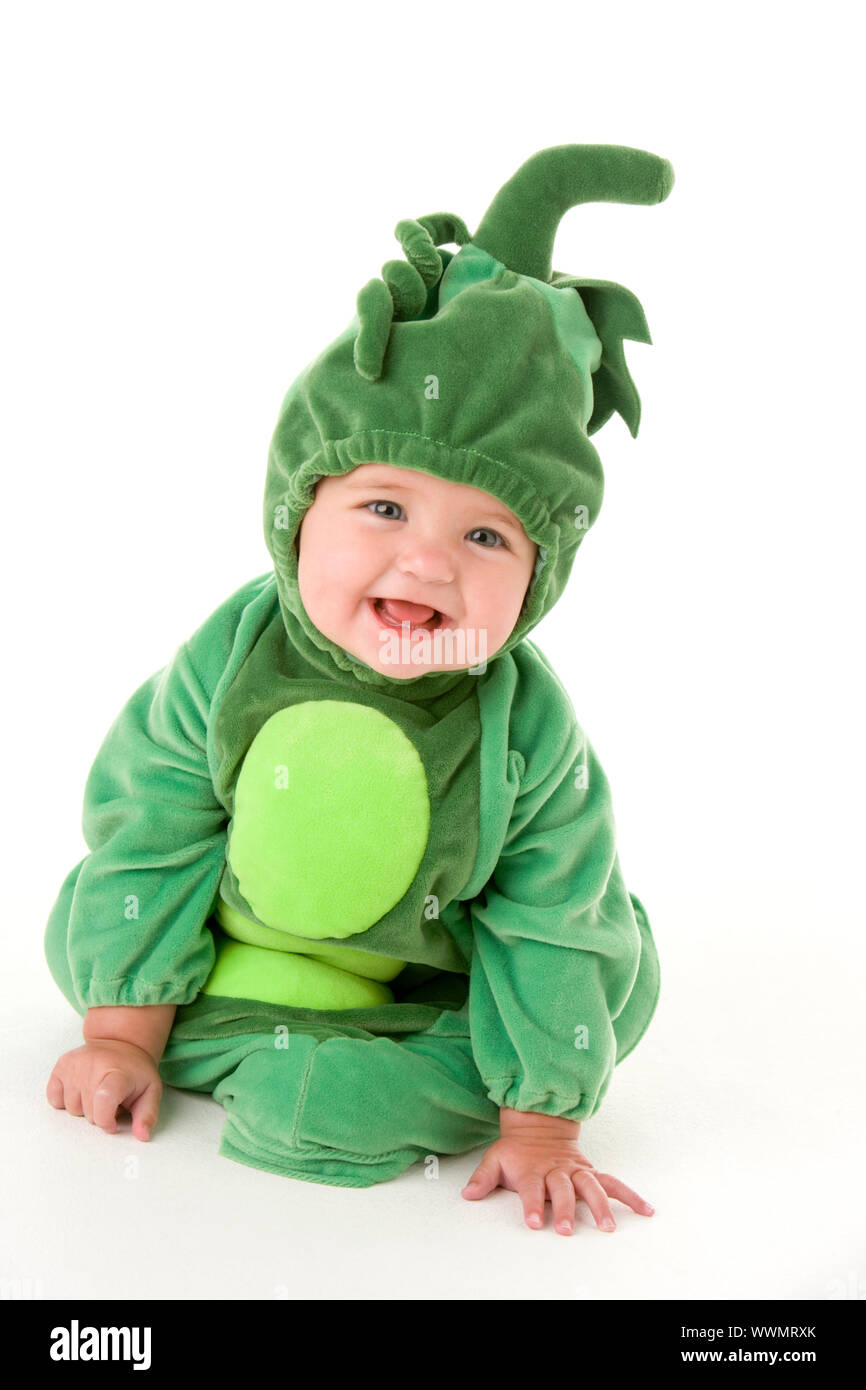Baby in peas in pod costume smiling Stock Photo Alamy