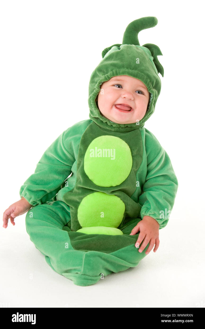 Baby in peas in pod costume smiling Stock Photo Alamy