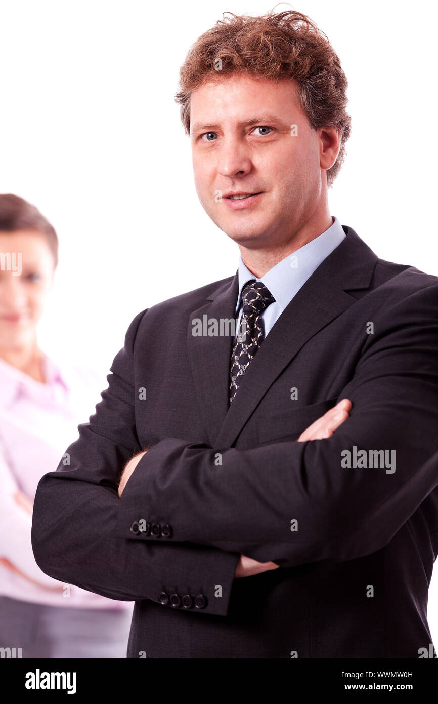 business man portrait business woman in background Stock Photo