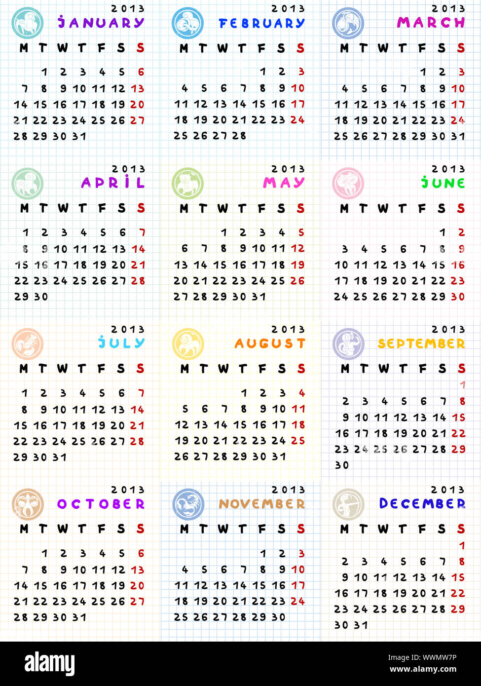 2013 calendar with zodiac signs on a math paper background Stock