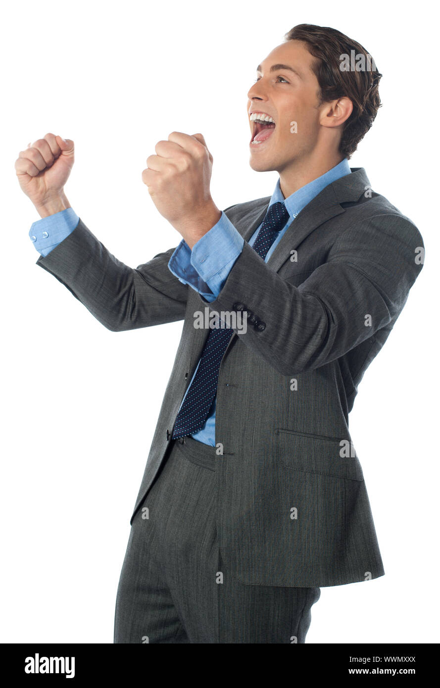 Excited successful businessman with arms raised in success Stock Photo ...