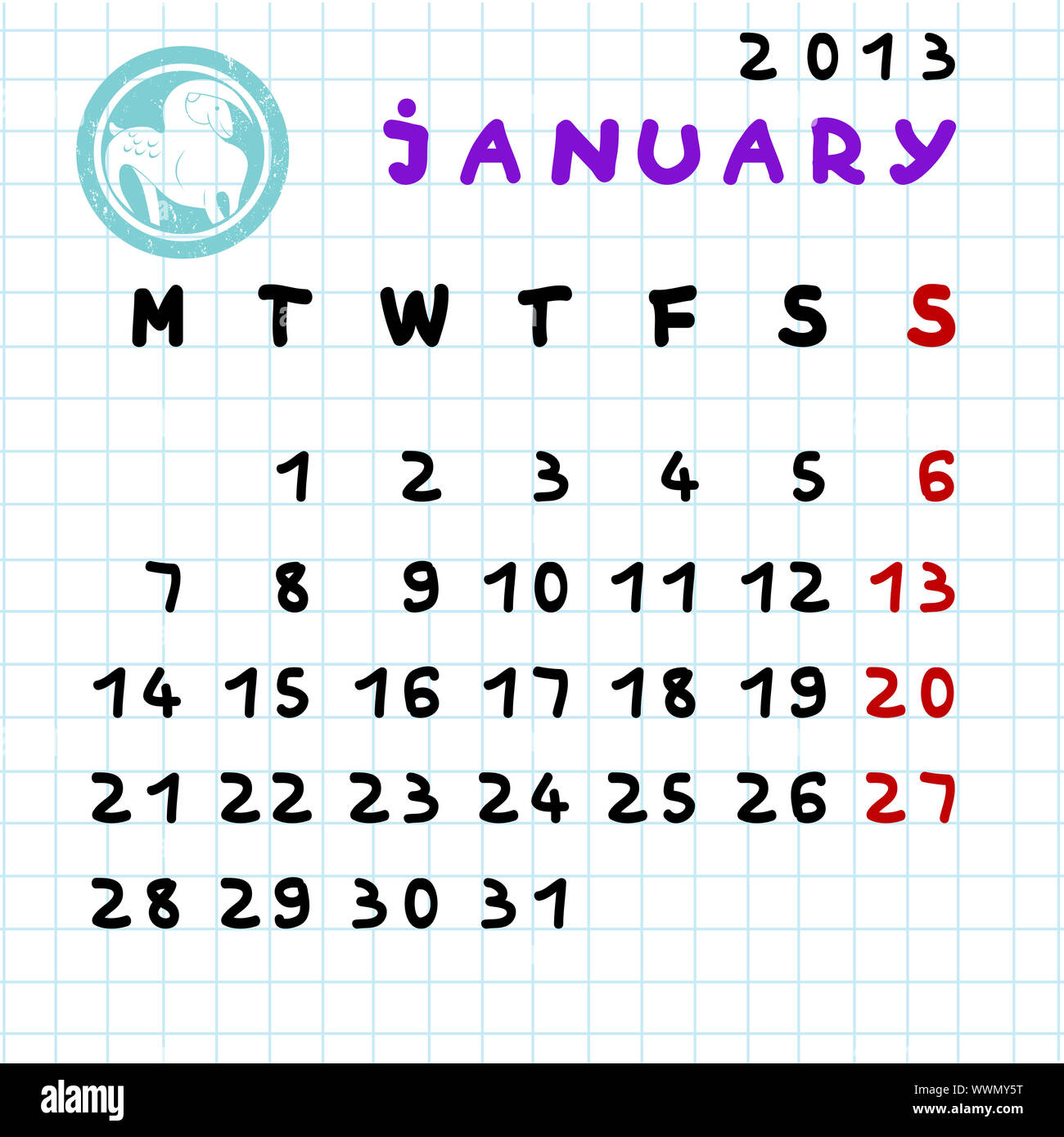 2013 monthly calendar January with Capricorn zodiac sign