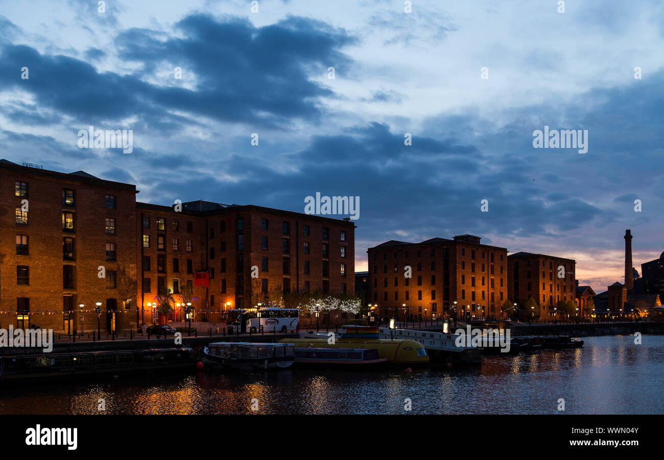 The Royal Albert Dock in Liverpool at night Stock Photo