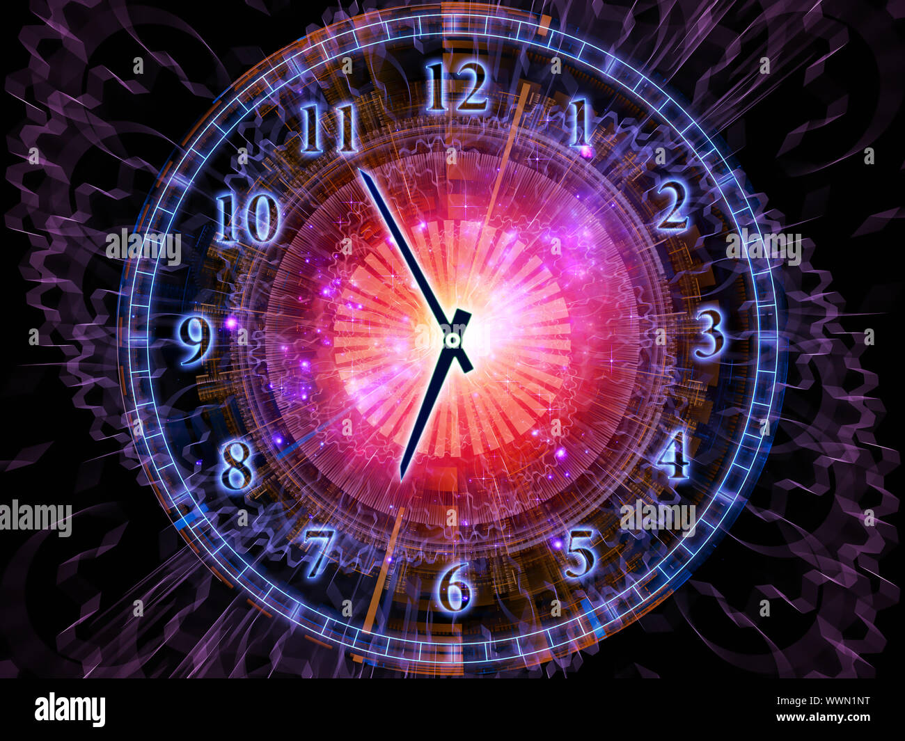 Design composed of clock hands, gears, lights and abstract design