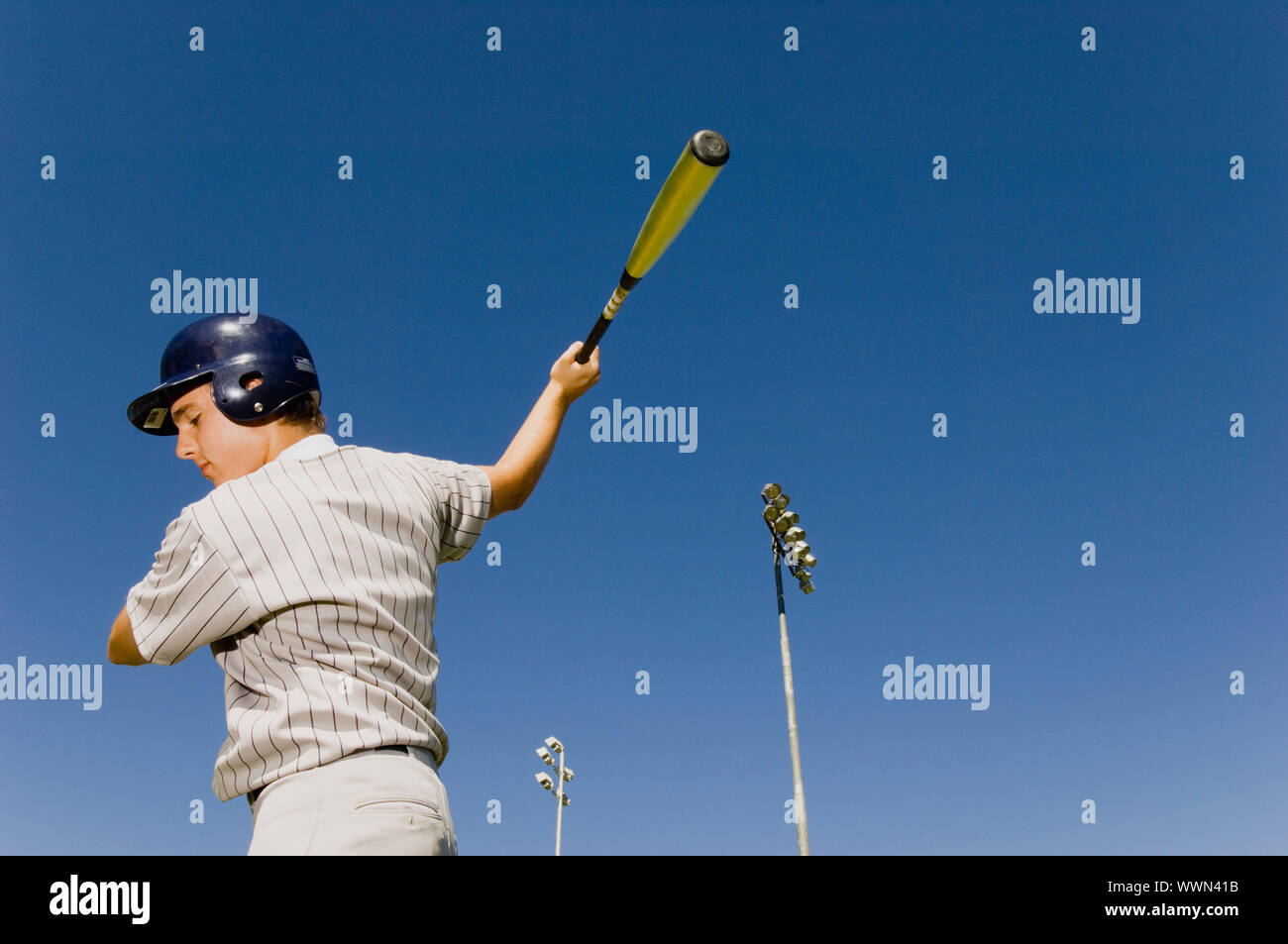 Batter Warming Up in Baseball Game Stock Photo