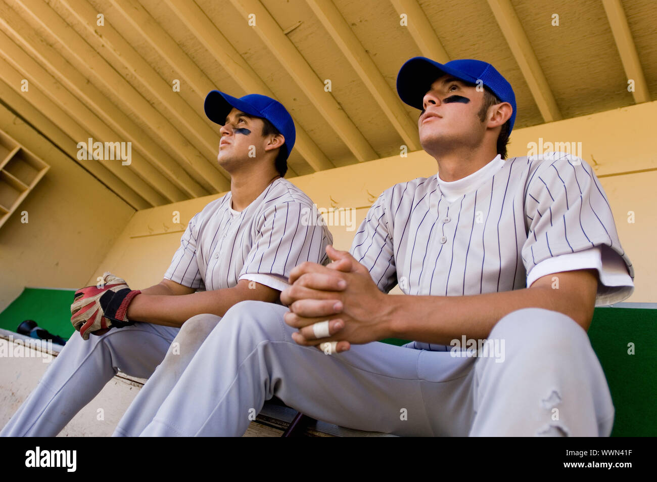 Baseball Players in Dugout Watching Game Stock Photo Alamy