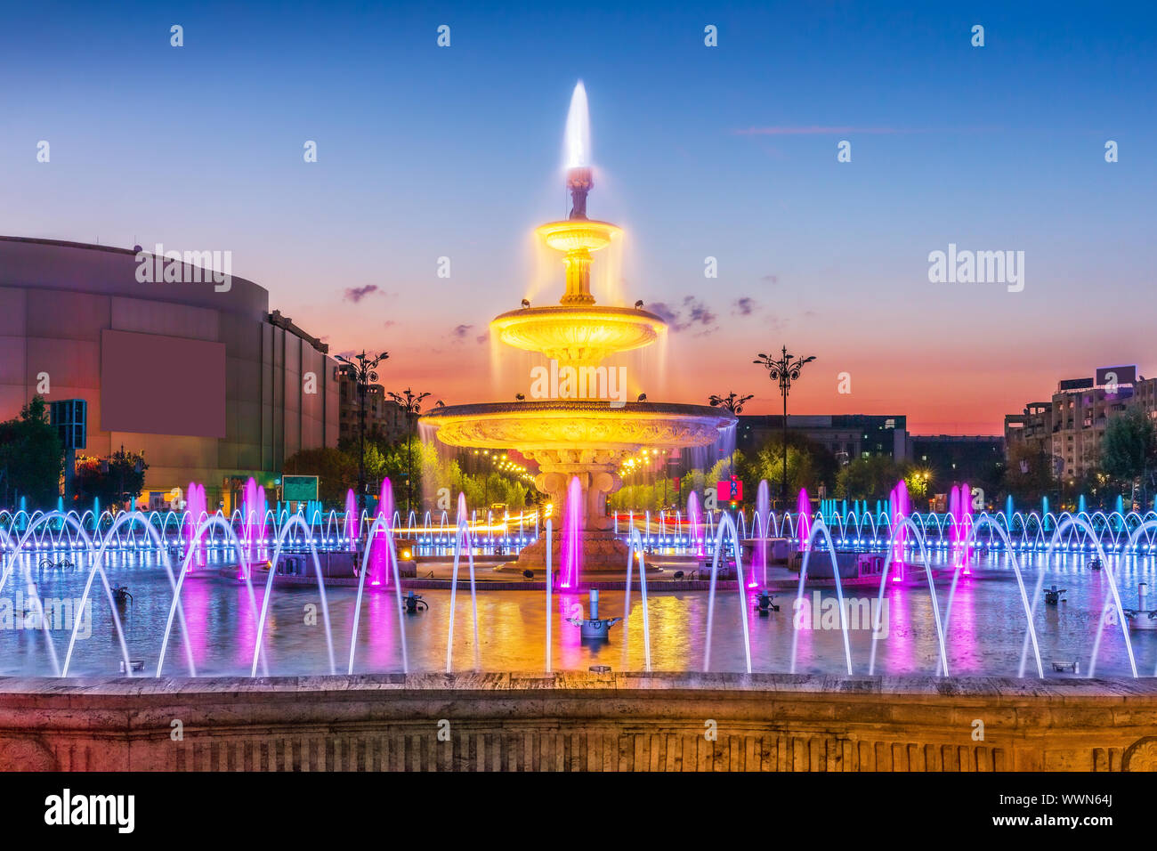 Bucharest, Romania. Water fountains at the Unirii Square. Stock Photo