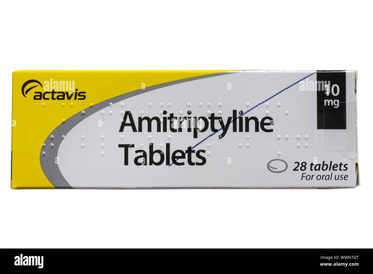 Pack of Amitriptyline Tablets by actavis - 28 tablets for oral use isolated on white background - antidepressant medicine Stock Photo