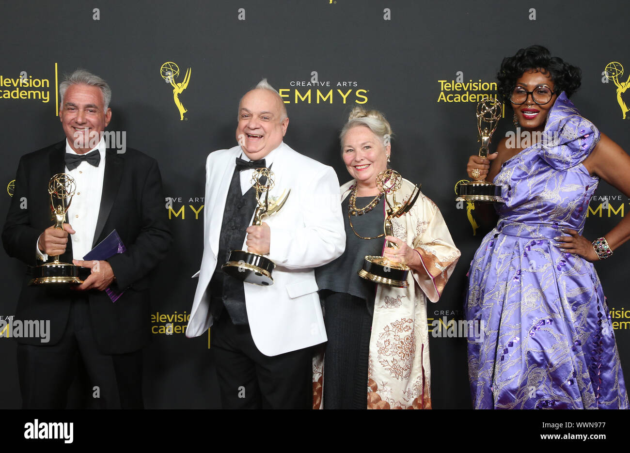 Los Angeles, Ca. 15th Sep, 2019. Jerry DeCarlo, Jon Jordan, Peg Schierholz, Saban Majeed, at 2019 Creative Arts Emmy Awards Day 2 Press Room at The Microsoft Theater in Los Angeles, California on September 15, 2019. Credit: Faye Sadou/Media Punch/Alamy Live News Stock Photo