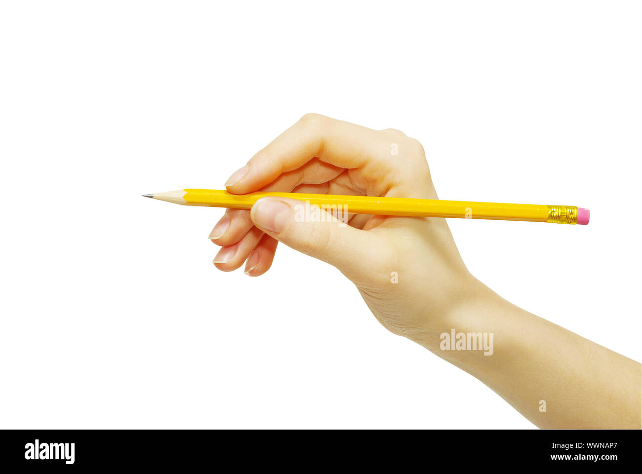 Pencil in woman hand isolated on white background Stock Photo - Alamy