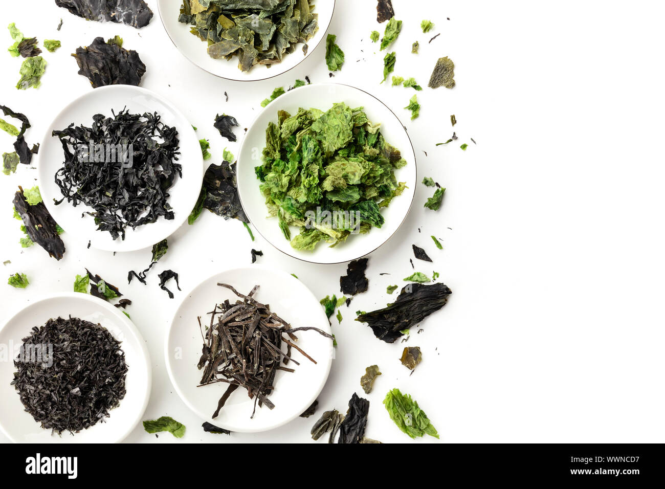Various dry seaweed, sea vegetables, shot from above on a white background with copyspace, flat lay composition with a place for text Stock Photo
