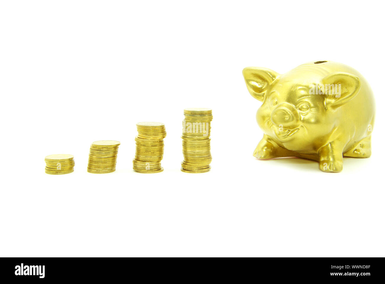 piggy bank isolated on white background with coins Stock Photo - Alamy
