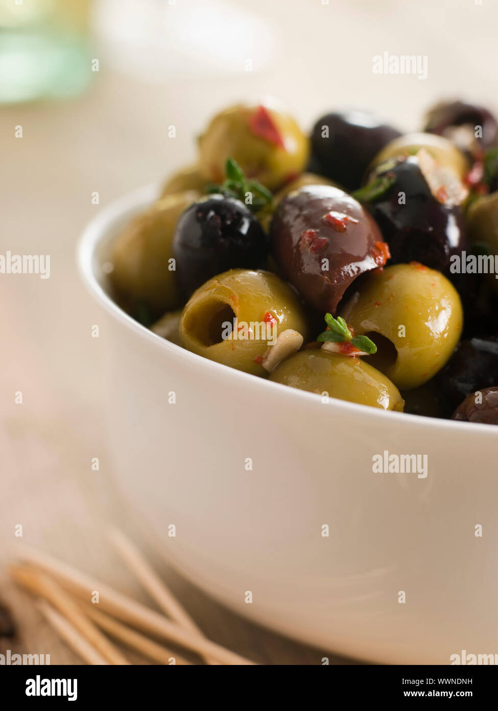 Bowl of Chilli and Garlic Marinated Olives Stock Photo Alamy