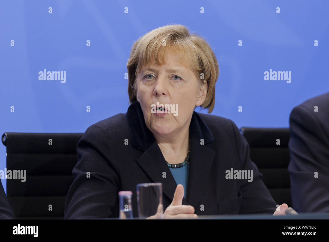 Merkel - Press conference after the Meeting with the German Chefs of  States Stock Photo