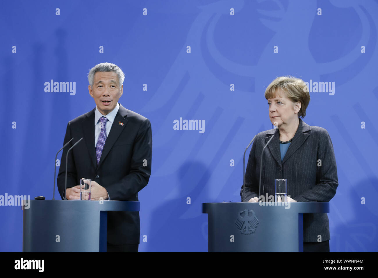Merkel welcomes PM Lee Hsien Loong of Singapore in Berlin. Stock Photo